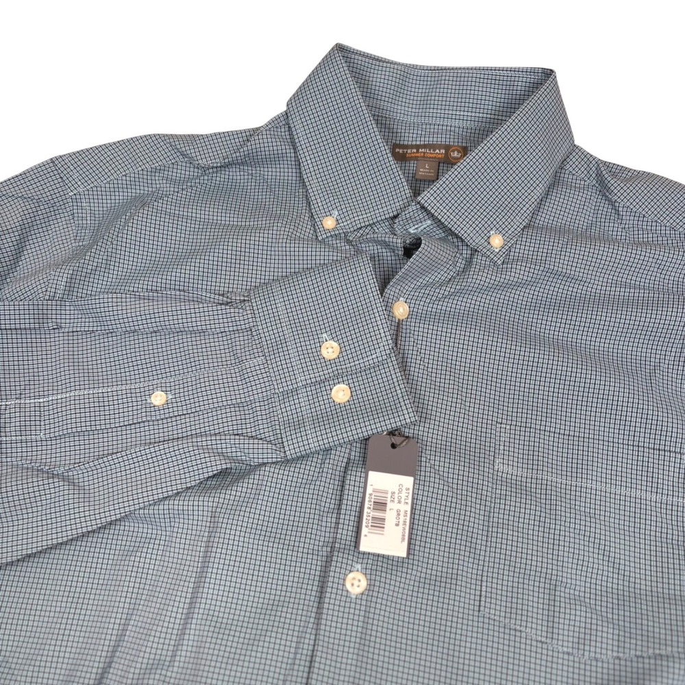 Peter Millar Summer Comfort Men L Green Blue Micro Check Stretch Button Down
